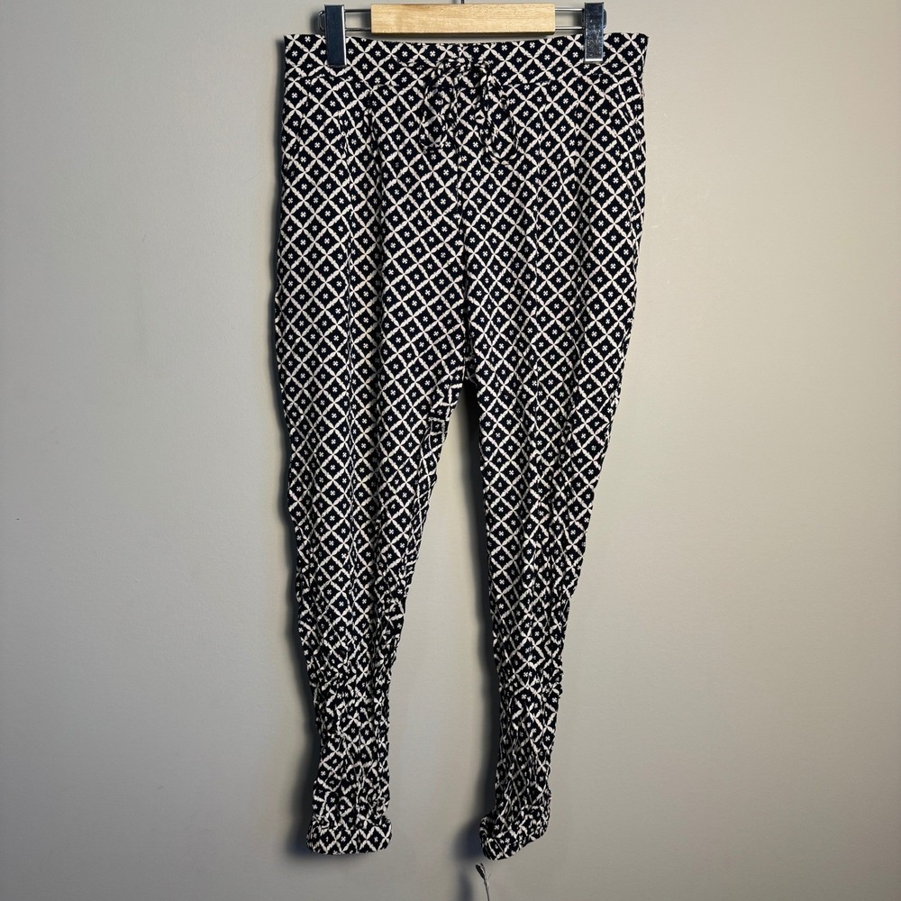 NEW Pink Martini Womens Navy White Geometric Print Rayon Pants Medium Drawstring